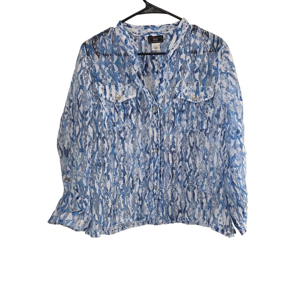 Lark Lane‎ Cottage Core Button Front Top 12 Womens Blue Sheer Coquette Roll Tab